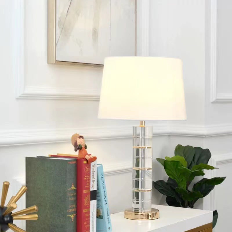 Traditional European Cylinder Crystal Metal Fabric 1-Light Table Lamp For Bedroom