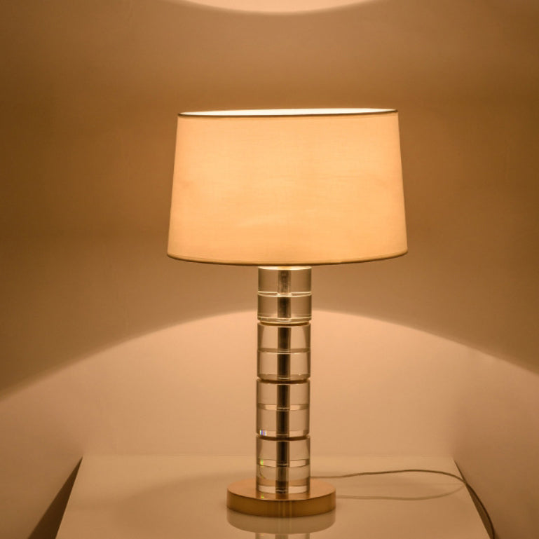 Traditional European Cylinder Crystal Metal Fabric 1-Light Table Lamp For Bedroom