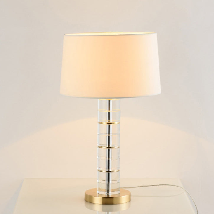 Traditional European Cylinder Crystal Metal Fabric 1-Light Table Lamp For Bedroom