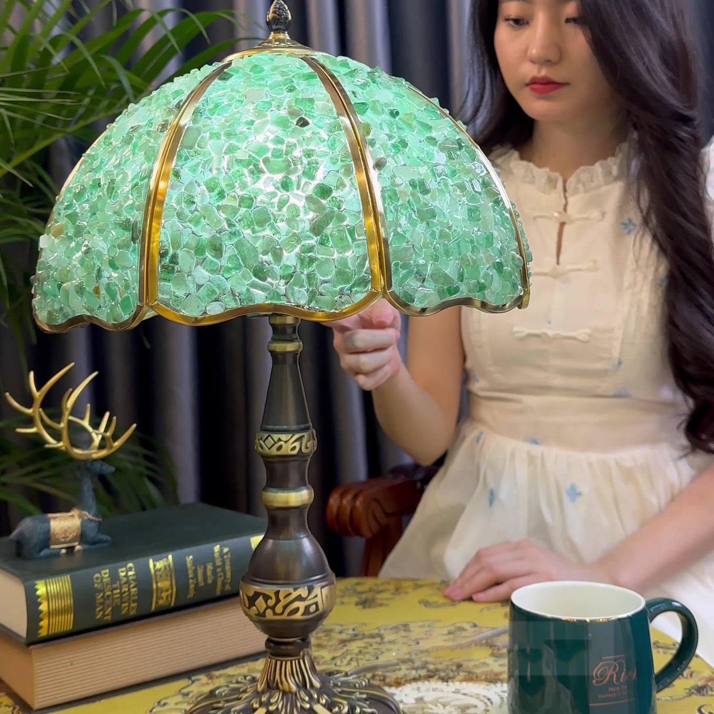 Traditional Vintage Dome Crystal Copper 1-Light Table Lamp For Bedroom