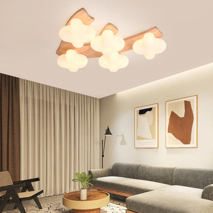 Contemporary Creative Cotton Solid Wood Glass LED Semi-Flush Mount Ceiling Light For Living Room