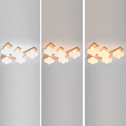 Contemporary Creative Cotton Solid Wood Glass LED Semi-Flush Mount Ceiling Light For Living Room