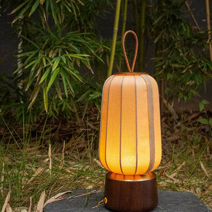 Traditional Chinese Lantern Cylinder Solid Wood Fabric LED Table Lamp For Bedroom