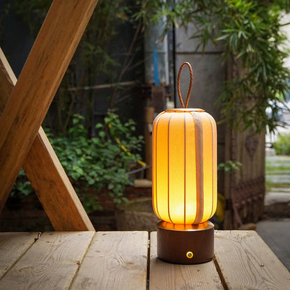 Traditional Chinese Lantern Cylinder Solid Wood Fabric LED Table Lamp For Bedroom