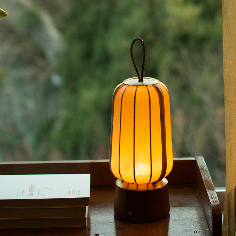 Traditional Chinese Lantern Cylinder Solid Wood Fabric LED Table Lamp For Bedroom