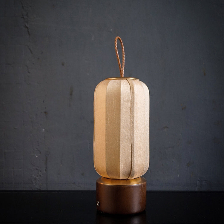 Traditional Chinese Lantern Cylinder Solid Wood Fabric LED Table Lamp For Bedroom