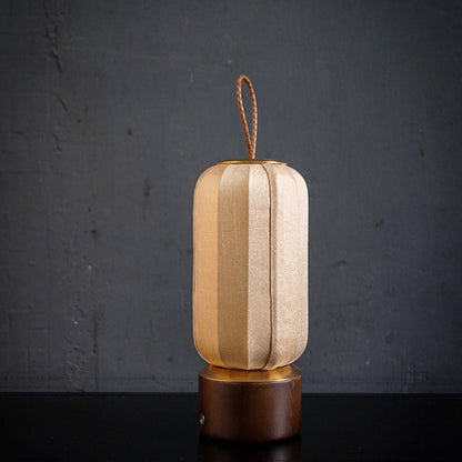 Traditional Chinese Lantern Cylinder Solid Wood Fabric LED Table Lamp For Bedroom