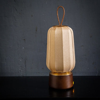 Traditional Chinese Lantern Cylinder Solid Wood Fabric LED Table Lamp For Bedroom