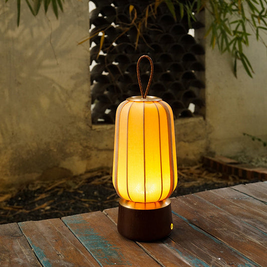 Traditional Chinese Lantern Cylinder Solid Wood Fabric LED Table Lamp For Bedroom