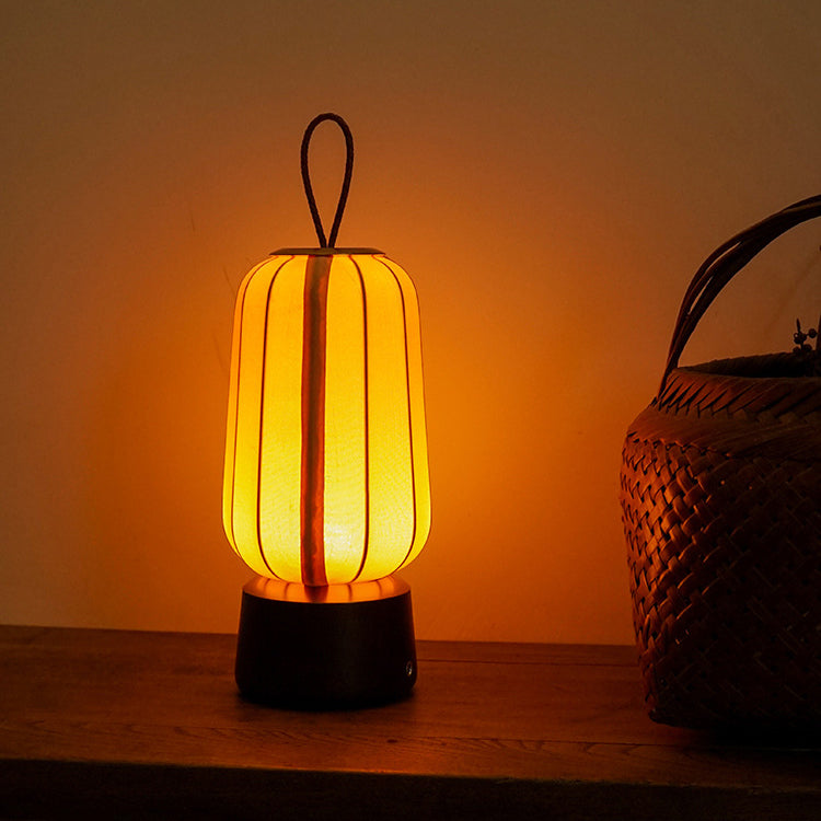 Traditional Chinese Lantern Cylinder Solid Wood Fabric LED Table Lamp For Bedroom