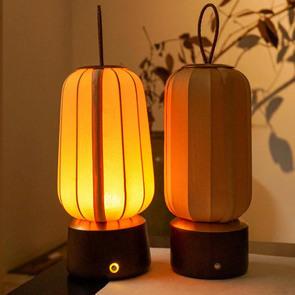 Traditional Chinese Lantern Cylinder Solid Wood Fabric LED Table Lamp For Bedroom