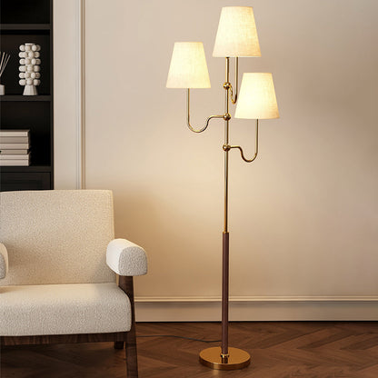 Traditional French Cone Iron Fabric Wood 3-Light Standing Floor Lamp For Bedroom