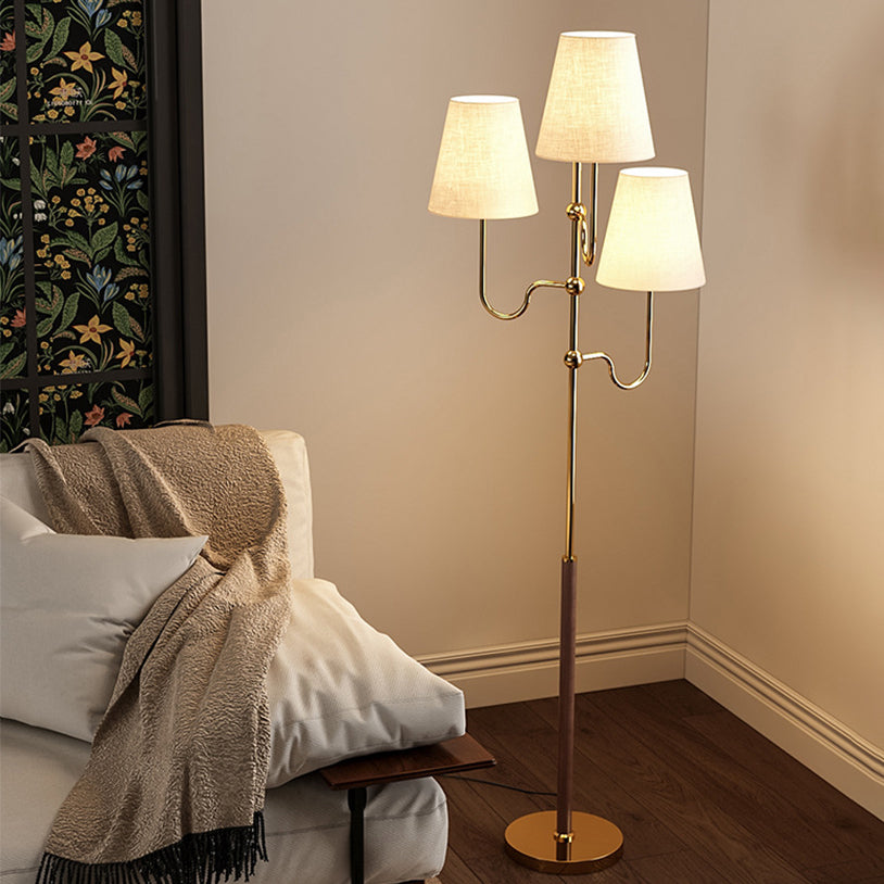 Traditional French Cone Iron Fabric Wood 3-Light Standing Floor Lamp For Bedroom
