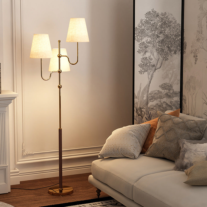 Traditional French Cone Iron Fabric Wood 3-Light Standing Floor Lamp For Bedroom