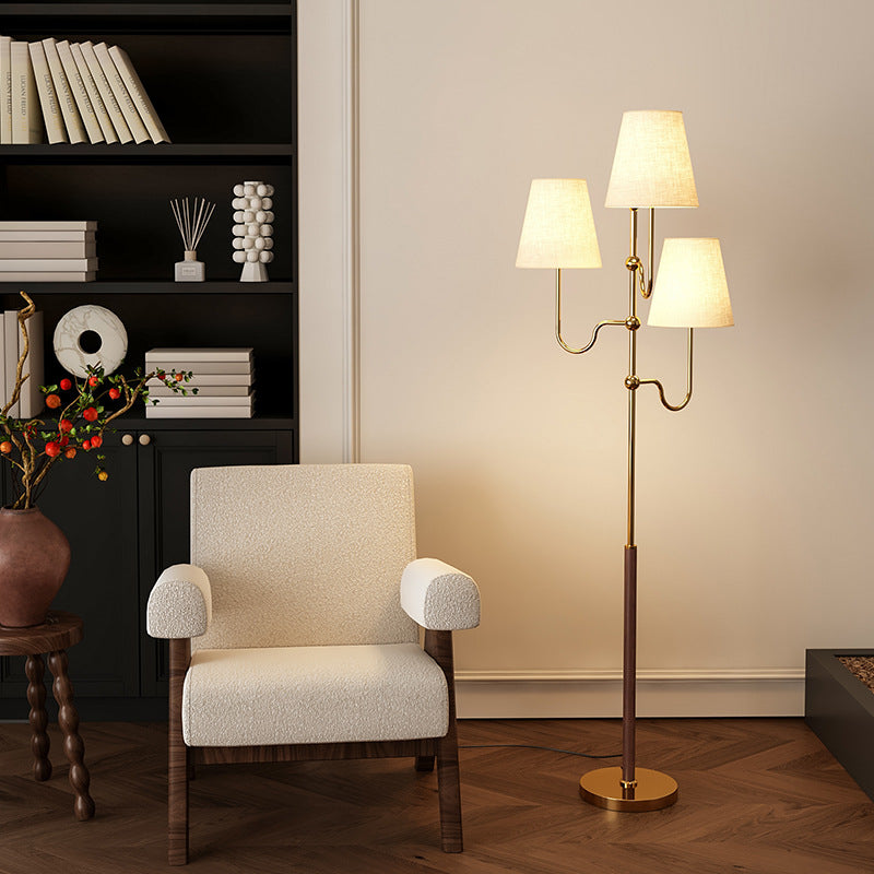 Traditional French Cone Iron Fabric Wood 3-Light Standing Floor Lamp For Bedroom