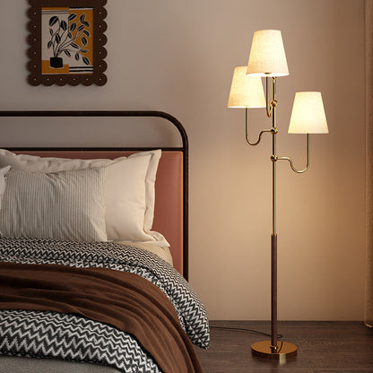 Traditional French Cone Iron Fabric Wood 3-Light Standing Floor Lamp For Bedroom