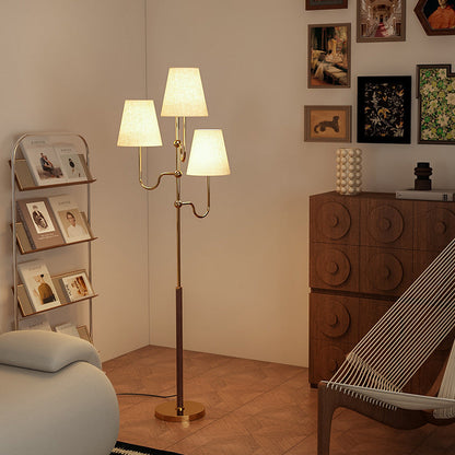 Traditional French Cone Iron Fabric Wood 3-Light Standing Floor Lamp For Bedroom