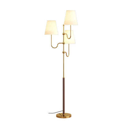 Traditional French Cone Iron Fabric Wood 3-Light Standing Floor Lamp For Bedroom