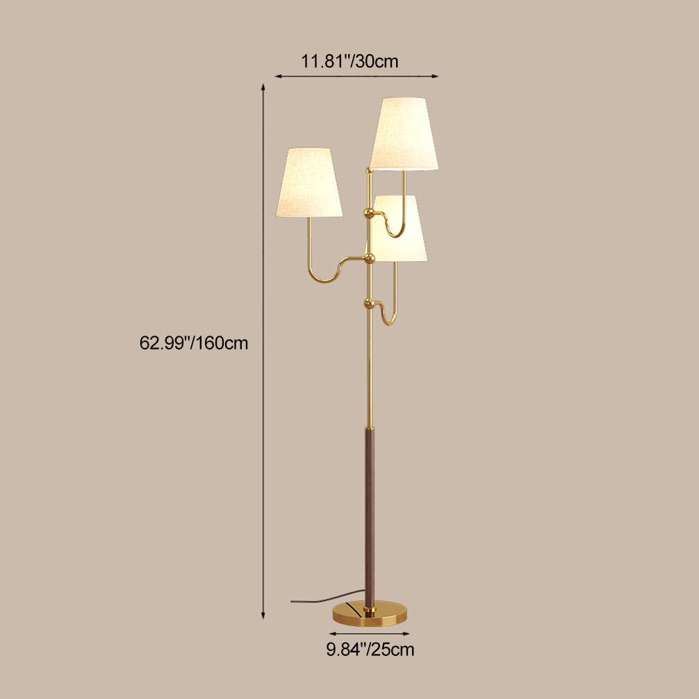 Traditional French Cone Iron Fabric Wood 3-Light Standing Floor Lamp For Bedroom