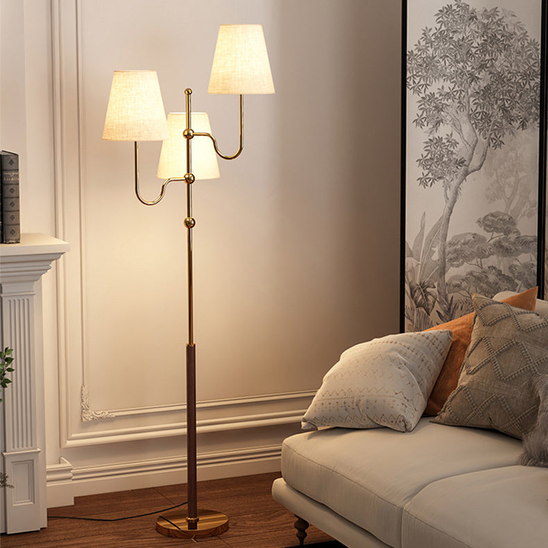 Traditional French Cone Iron Fabric Wood 3-Light Standing Floor Lamp For Bedroom