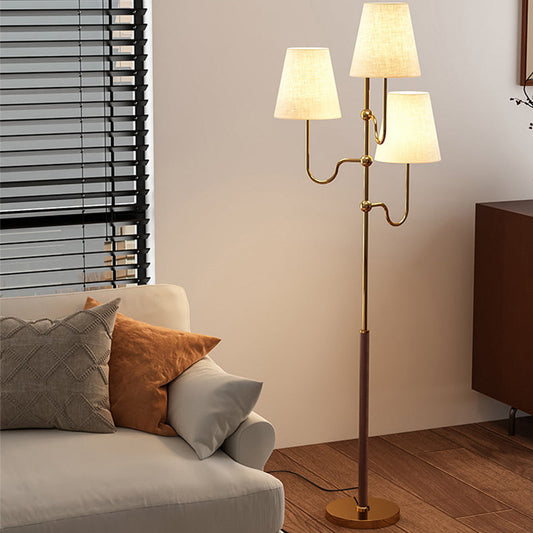 Traditional French Cone Iron Fabric Wood 3-Light Standing Floor Lamp For Bedroom