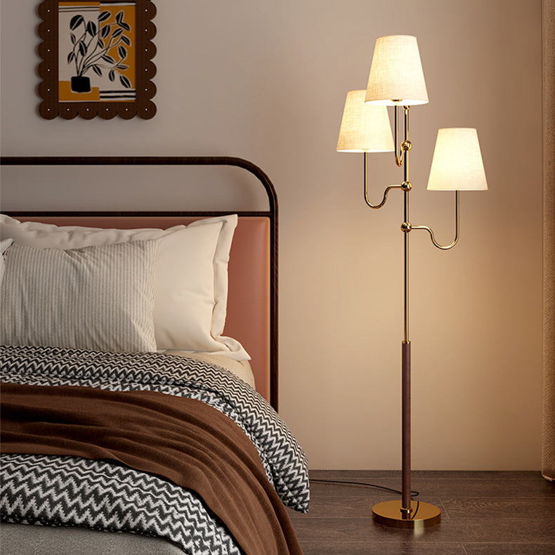Traditional French Cone Iron Fabric Wood 3-Light Standing Floor Lamp For Bedroom