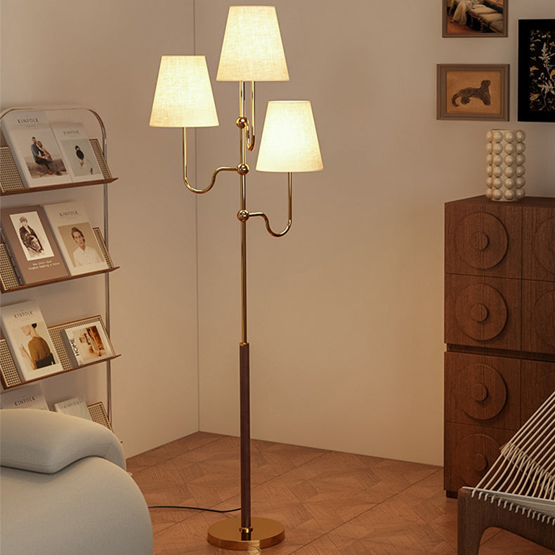 Traditional French Cone Iron Fabric Wood 3-Light Standing Floor Lamp For Bedroom