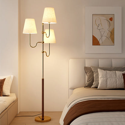 Traditional French Cone Iron Fabric Wood 3-Light Standing Floor Lamp For Bedroom