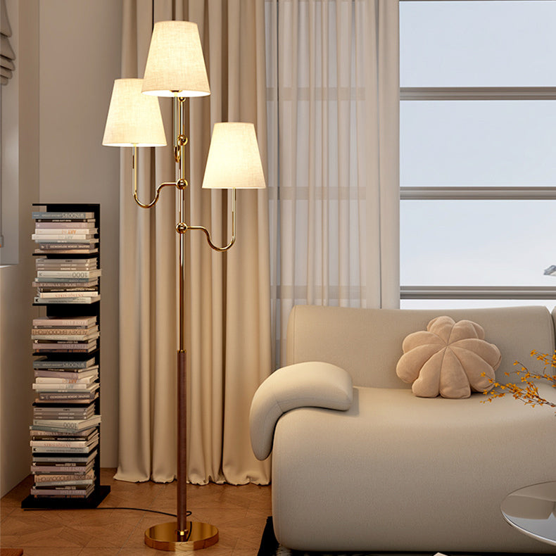Traditional French Cone Iron Fabric Wood 3-Light Standing Floor Lamp For Bedroom