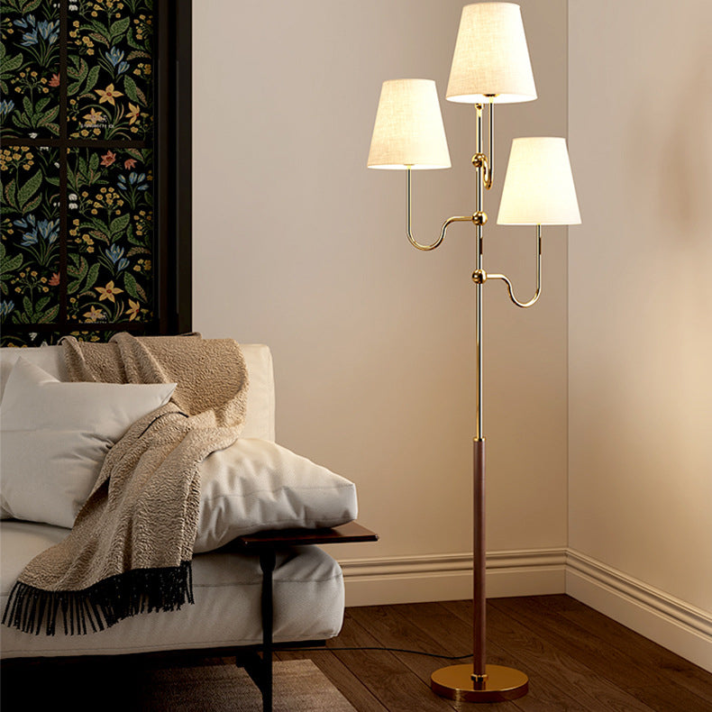 Traditional French Cone Iron Fabric Wood 3-Light Standing Floor Lamp For Bedroom