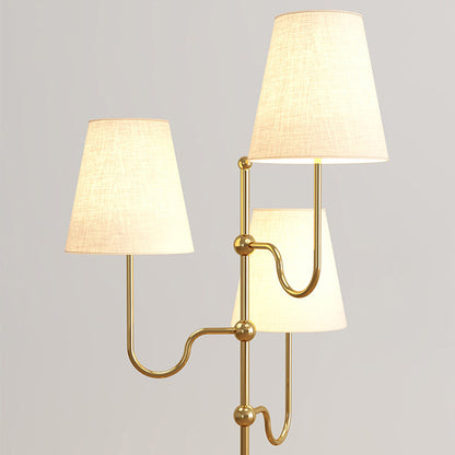 Traditional French Cone Iron Fabric Wood 3-Light Standing Floor Lamp For Bedroom