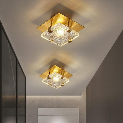 Modern Luxury Square Stainless Steel Glass LED Semi-Flush Mount Ceiling Light For Hallway