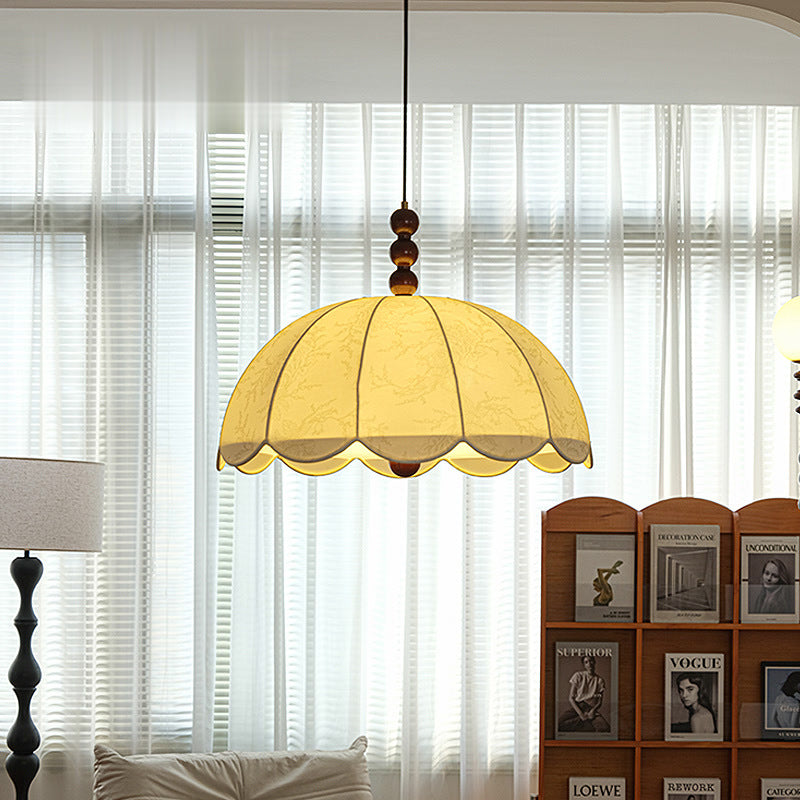 Traditional Chinese Dome Ash Wood Fabric 3-Light Pendant Light For Bedroom