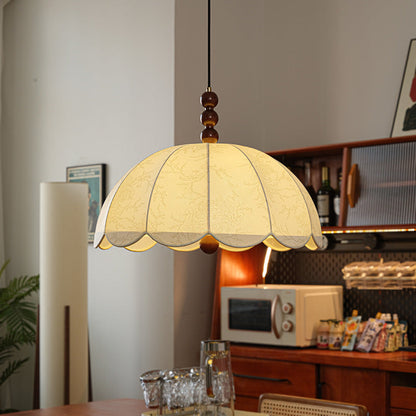 Traditional Chinese Dome Ash Wood Fabric 3-Light Pendant Light For Bedroom