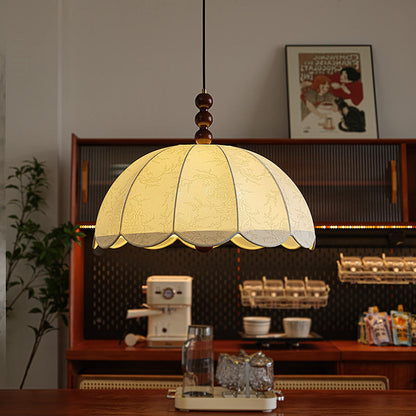 Traditional Chinese Dome Ash Wood Fabric 3-Light Pendant Light For Bedroom