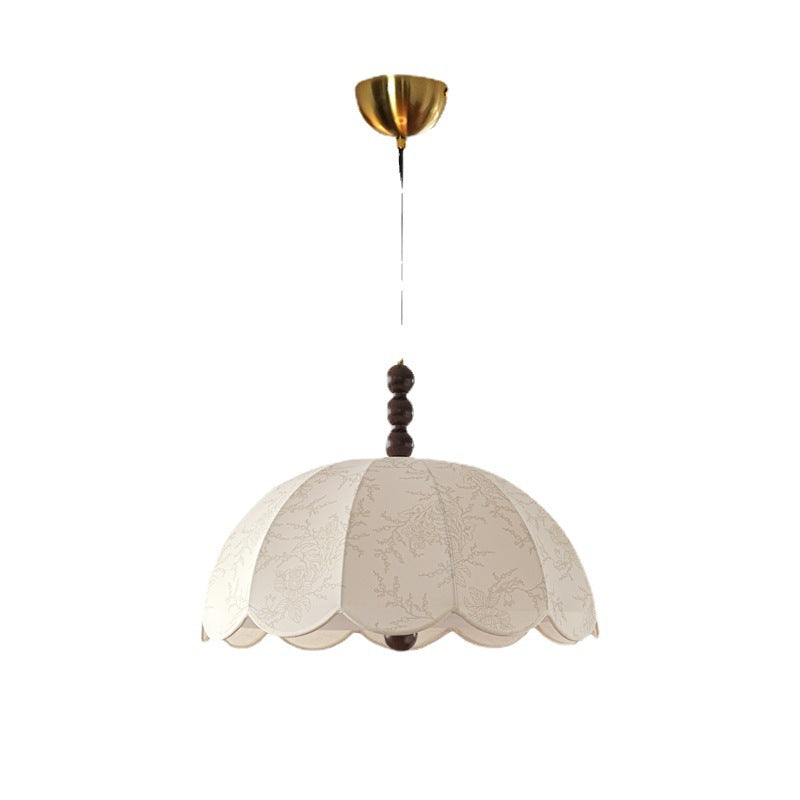 Traditional Chinese Dome Ash Wood Fabric 3-Light Pendant Light For Bedroom