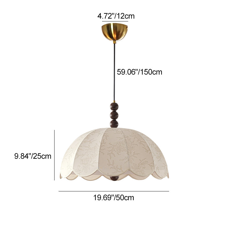 Traditional Chinese Dome Ash Wood Fabric 3-Light Pendant Light For Bedroom