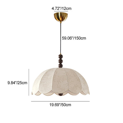Traditional Chinese Dome Ash Wood Fabric 3-Light Pendant Light For Bedroom