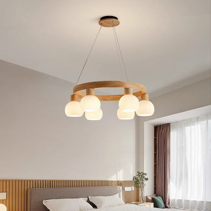 Contemporary Nordic Globe Solid Wood Glass 3/6/9 Light Chandelier For Living Room