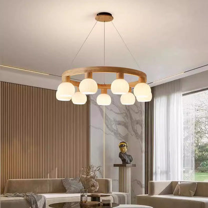 Contemporary Nordic Globe Solid Wood Glass 3/6/9 Light Chandelier For Living Room