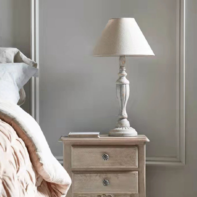 Traditional Rustic Cone Solid Wood Fabric 1-Light Table Lamp For Bedroom