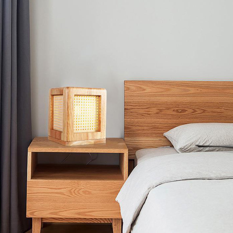 Traditional Japanese Cube Rubberwood Magnet 1-Light Table Lamp For Bedroom