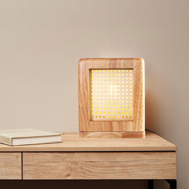Traditional Japanese Cube Rubberwood Magnet 1-Light Table Lamp For Bedroom