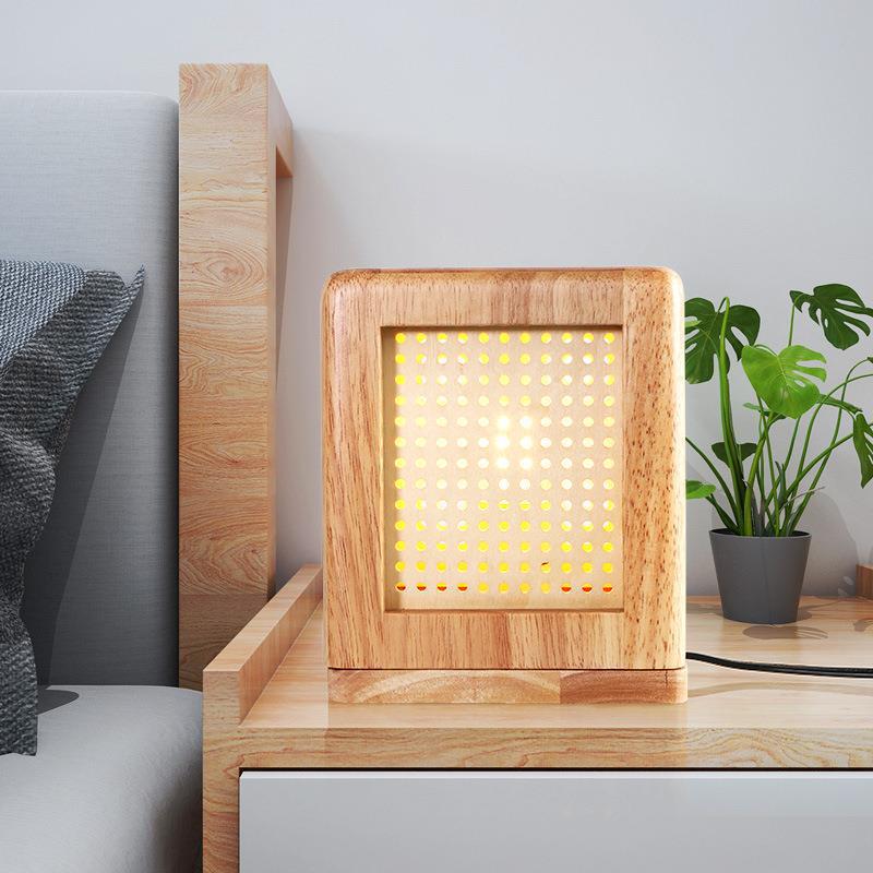 Traditional Japanese Cube Rubberwood Magnet 1-Light Table Lamp For Bedroom