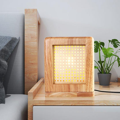 Traditional Japanese Cube Rubberwood Magnet 1-Light Table Lamp For Bedroom