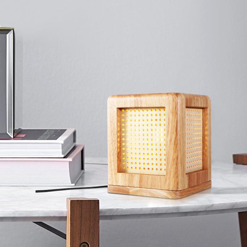 Traditional Japanese Cube Rubberwood Magnet 1-Light Table Lamp For Bedroom