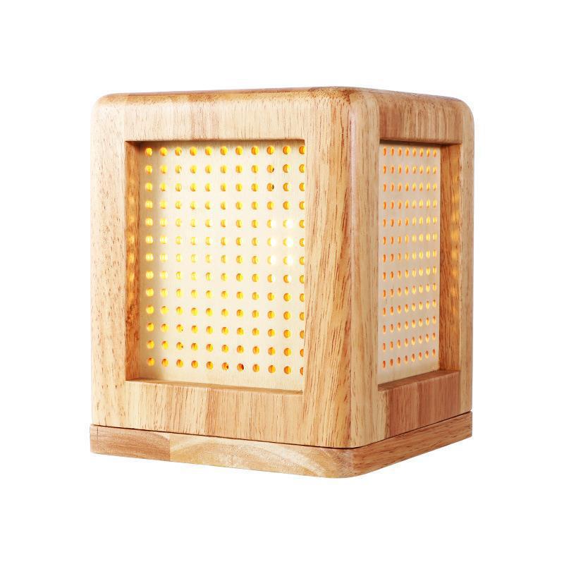Traditional Japanese Cube Rubberwood Magnet 1-Light Table Lamp For Bedroom