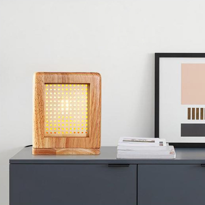 Traditional Japanese Cube Rubberwood Magnet 1-Light Table Lamp For Bedroom