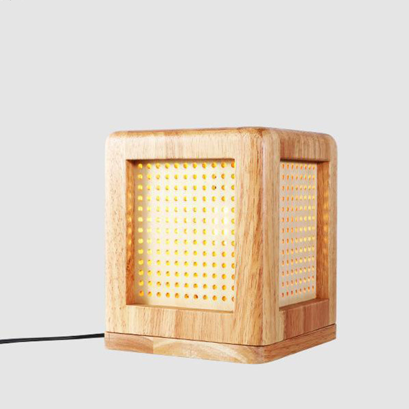 Traditional Japanese Cube Rubberwood Magnet 1-Light Table Lamp For Bedroom