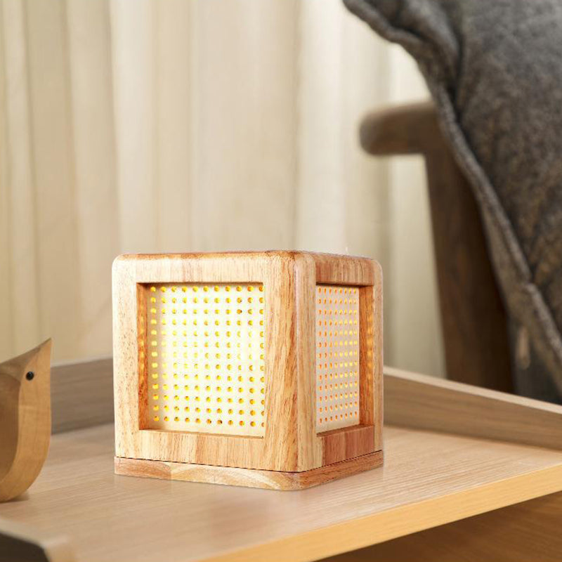 Traditional Japanese Cube Rubberwood Magnet 1-Light Table Lamp For Bedroom